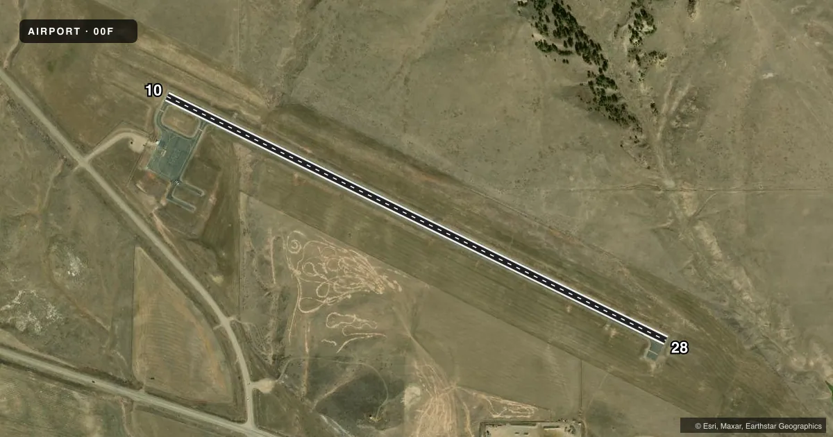 Top-down satellite sketch of 00F BROADUS in BROADUS, MONTANA, showing runways 10/28 drawn to scale over Esri World Imagery