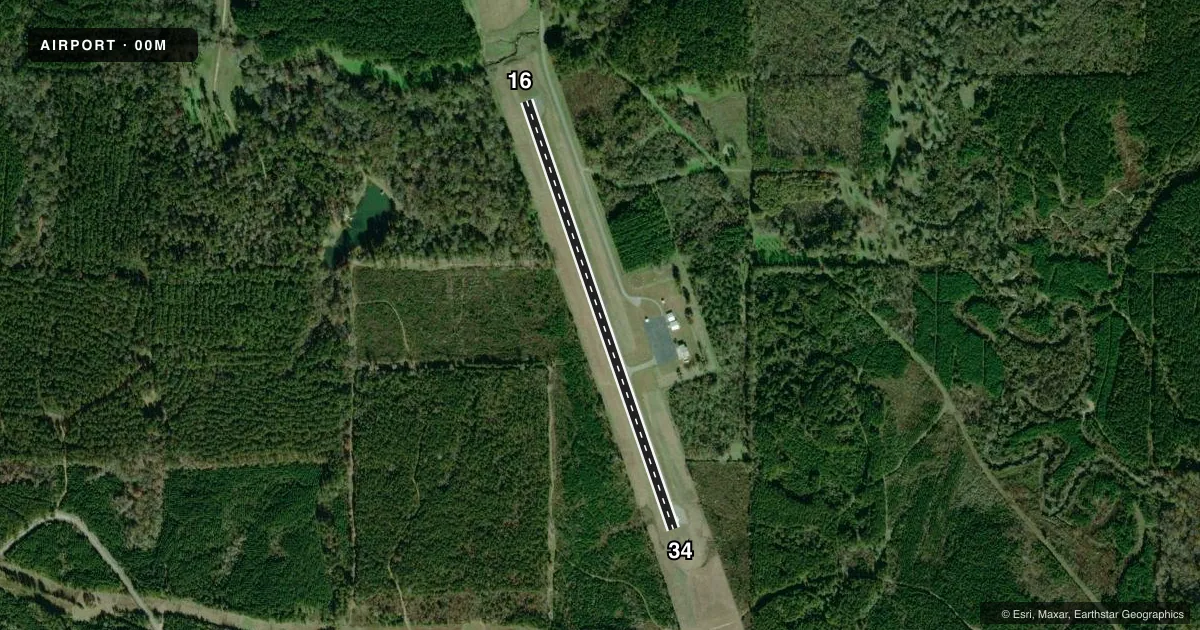 Top-down satellite sketch of 00M THIGPEN FLD in BAY SPRINGS, MISSISSIPPI, showing runways 16/34 drawn to scale over Esri World Imagery