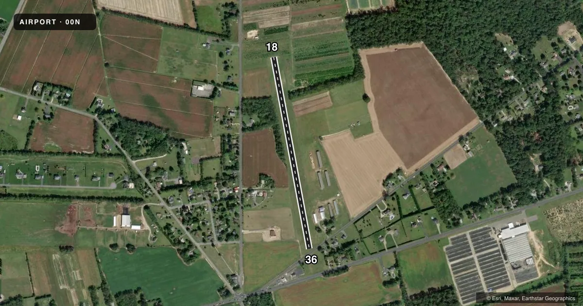 Top-down satellite sketch of 00N BUCKS in BRIDGETON, NEW JERSEY, showing runways 18/36 drawn to scale over Esri World Imagery