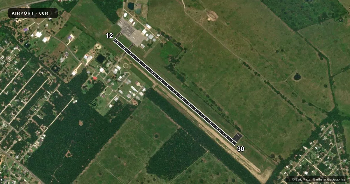 Top-down satellite sketch of 00R LIVINGSTON MUNI in LIVINGSTON, TEXAS, showing runways 12/30 drawn to scale over Esri World Imagery