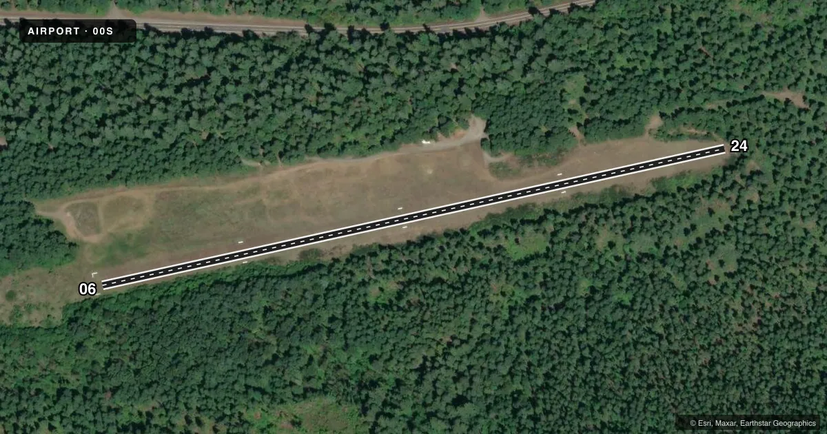 Top-down satellite sketch of 00S MC KENZIE BRIDGE STATE in MC KENZIE BRIDGE, OREGON, showing runways 06/24 drawn to scale over Esri World Imagery