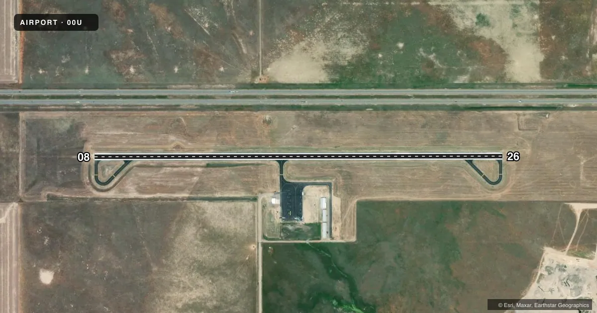 Top-down satellite sketch of 00U BIG HORN COUNTY in HARDIN, MONTANA, showing runways 08/26 drawn to scale over Esri World Imagery