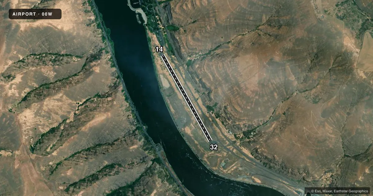Top-down satellite sketch of 00W LOWER GRANITE STATE in COLFAX, WASHINGTON, showing runways 14/32 drawn to scale over Esri World Imagery