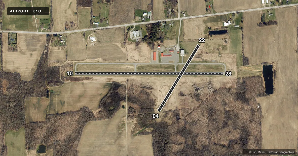 Top-down satellite sketch of 01G PERRY-WARSAW in PERRY, NEW YORK, showing runways 10/28, 04/22 drawn to scale over Esri World Imagery