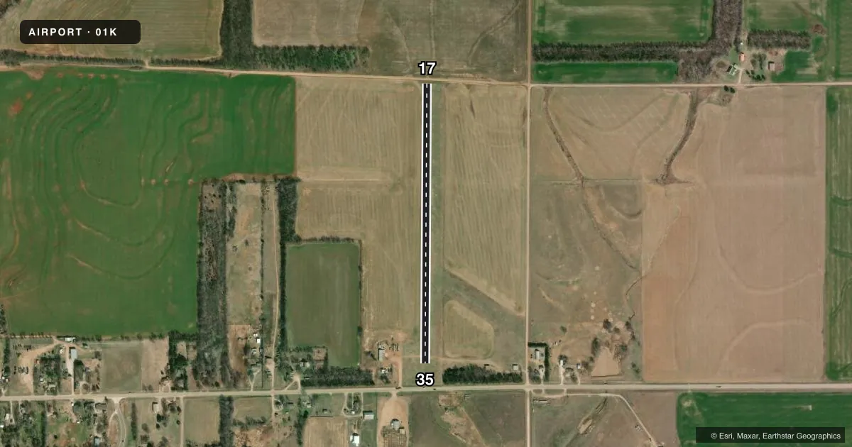 Top-down satellite sketch of 01K CALDWELL MUNI in CALDWELL, KANSAS, showing runways 17/35 drawn to scale over Esri World Imagery