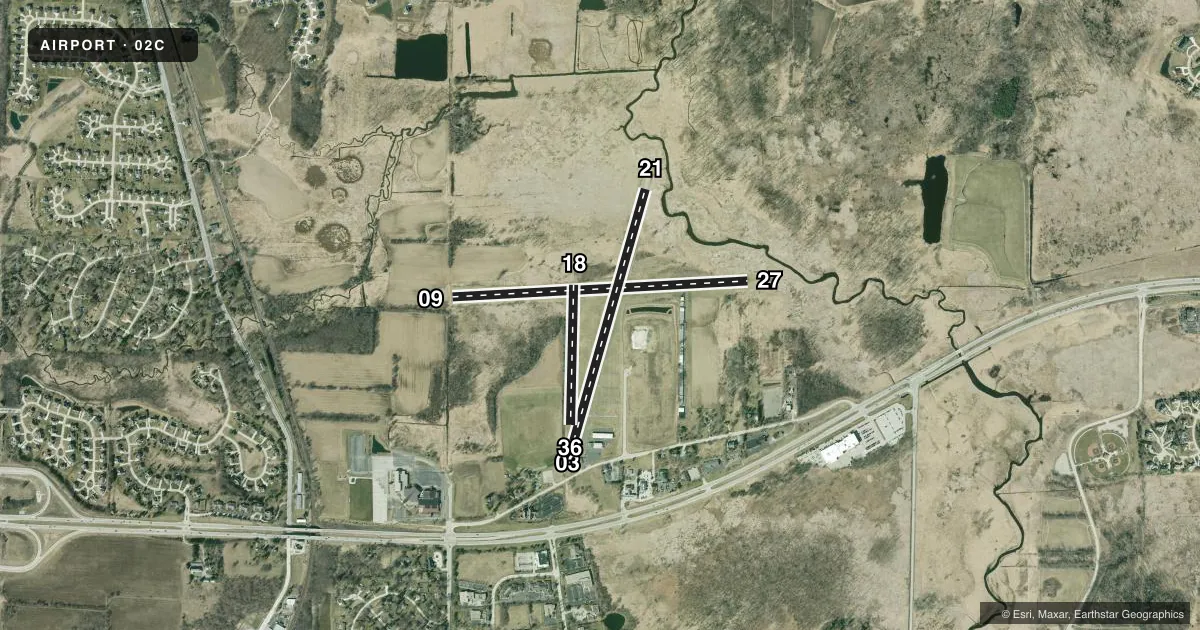 Top-down satellite sketch of 02C CAPITOL DRIVE in BROOKFIELD, WISCONSIN, showing runways 09/27, 03/21, 18/36 drawn to scale over Esri World Imagery