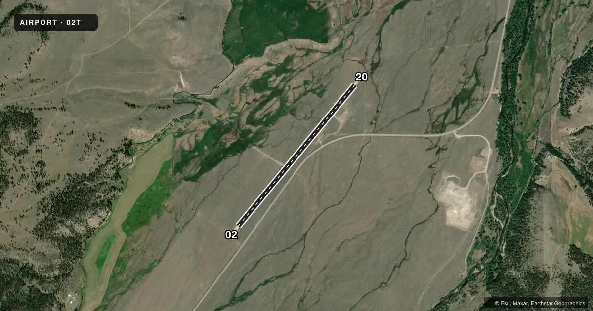 Top-down satellite sketch of 02T WISE RIVER in WISE RIVER, MONTANA, showing runways 02/20 drawn to scale over Esri World Imagery