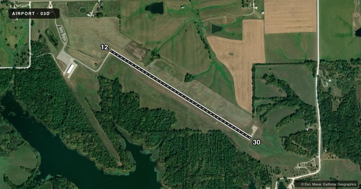 Top-down satellite sketch of 03D MEMPHIS MEML in MEMPHIS, MISSOURI, showing runways 12/30 drawn to scale over Esri World Imagery