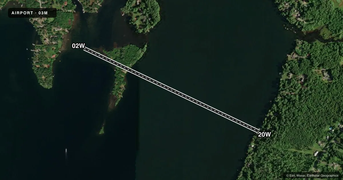 Top-down satellite sketch of 03M LAKESIDE LODGE AND MARINA in EAST WINTHROP, MAINE, showing runways 02W/20W drawn to scale over Esri World Imagery