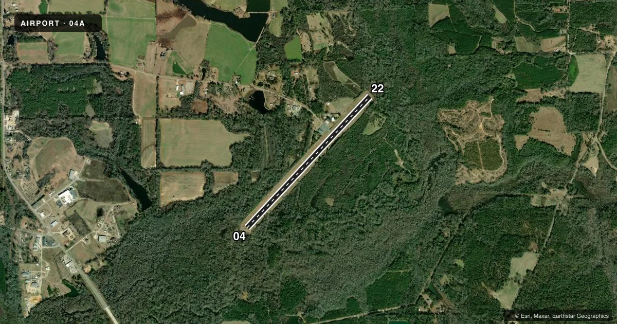 Top-down satellite sketch of 04A FRANK SIKES in LUVERNE, ALABAMA, showing runways 04/22 drawn to scale over Esri World Imagery