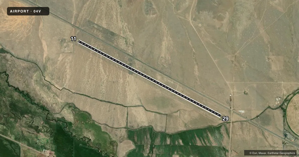 Top-down satellite sketch of 04V SAGUACHE MUNI in SAGUACHE, COLORADO, showing runways 11/29 drawn to scale over Esri World Imagery