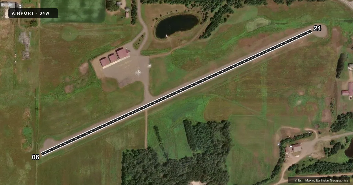Top-down satellite sketch of 04W FIELD OF DREAMS in HINCKLEY, MINNESOTA, showing runways 06/24 drawn to scale over Esri World Imagery