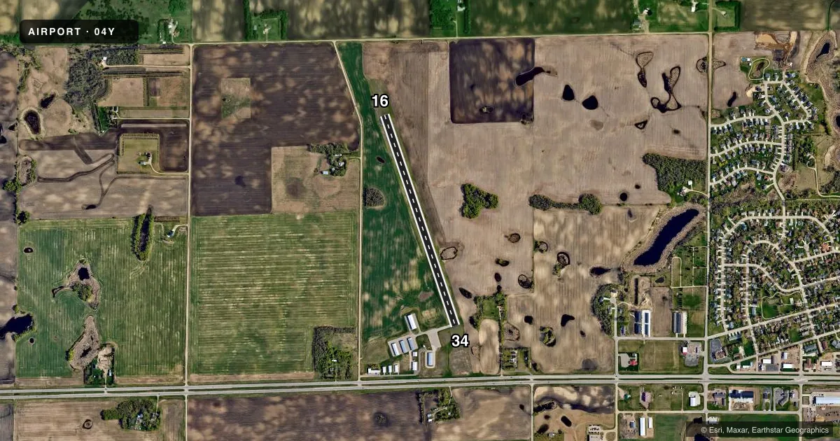 Top-down satellite sketch of 04Y HAWLEY MUNI in HAWLEY, MINNESOTA, showing runways 16/34 drawn to scale over Esri World Imagery