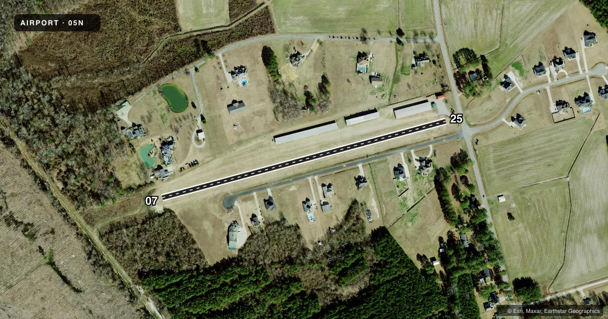 Top-down satellite sketch of 05N SOUTH OAKS AERODROME in WINTERVILLE, NORTH CAROLINA, showing runways 07/25 drawn to scale over Esri World Imagery