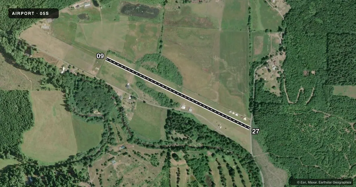 Top-down satellite sketch of 05S VERNONIA MUNI in VERNONIA, OREGON, showing runways 09/27 drawn to scale over Esri World Imagery