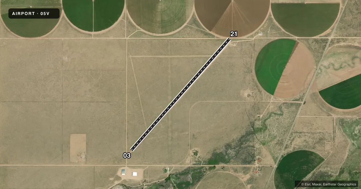 Top-down satellite sketch of 05V BLANCA in BLANCA, COLORADO, showing runways 03/21 drawn to scale over Esri World Imagery