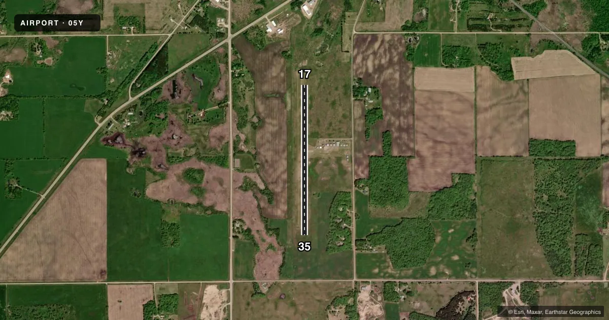 Top-down satellite sketch of 05Y HENNING MUNI in HENNING, MINNESOTA, showing runways 17/35 drawn to scale over Esri World Imagery