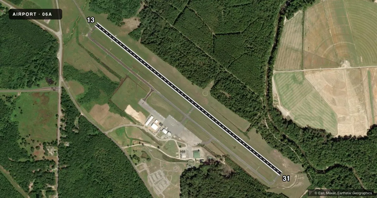 Top-down satellite sketch of 06A MOTON FLD MUNI in TUSKEGEE, ALABAMA, showing runways 13/31 drawn to scale over Esri World Imagery