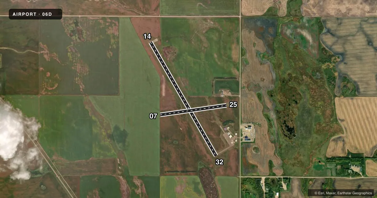 Top-down satellite sketch of 06D ROLLA MUNI/LEONARD KRECH FLD in ROLLA, NORTH DAKOTA, showing runways 14/32, 07/25 drawn to scale over Esri World Imagery
