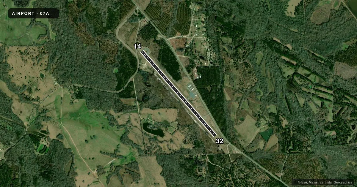 Top-down satellite sketch of 07A FRANKLIN FLD in UNION SPRINGS, ALABAMA, showing runways 14/32 drawn to scale over Esri World Imagery