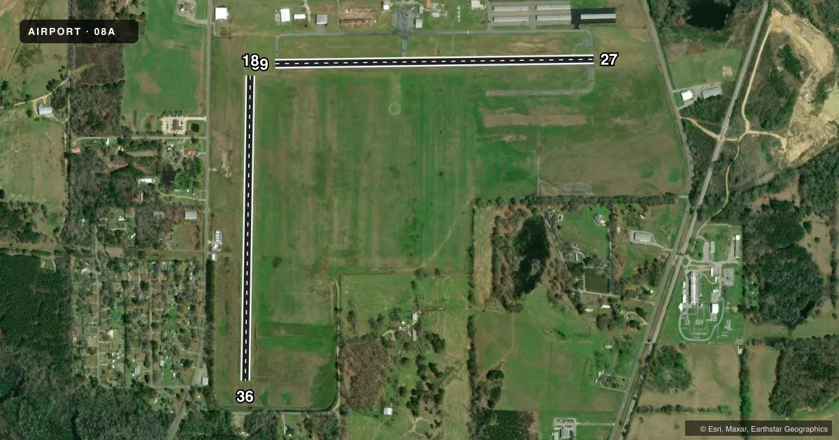 Top-down satellite sketch of 08A WETUMPKA MUNI in WETUMPKA, ALABAMA, showing runways 09/27, 18/36 drawn to scale over Esri World Imagery