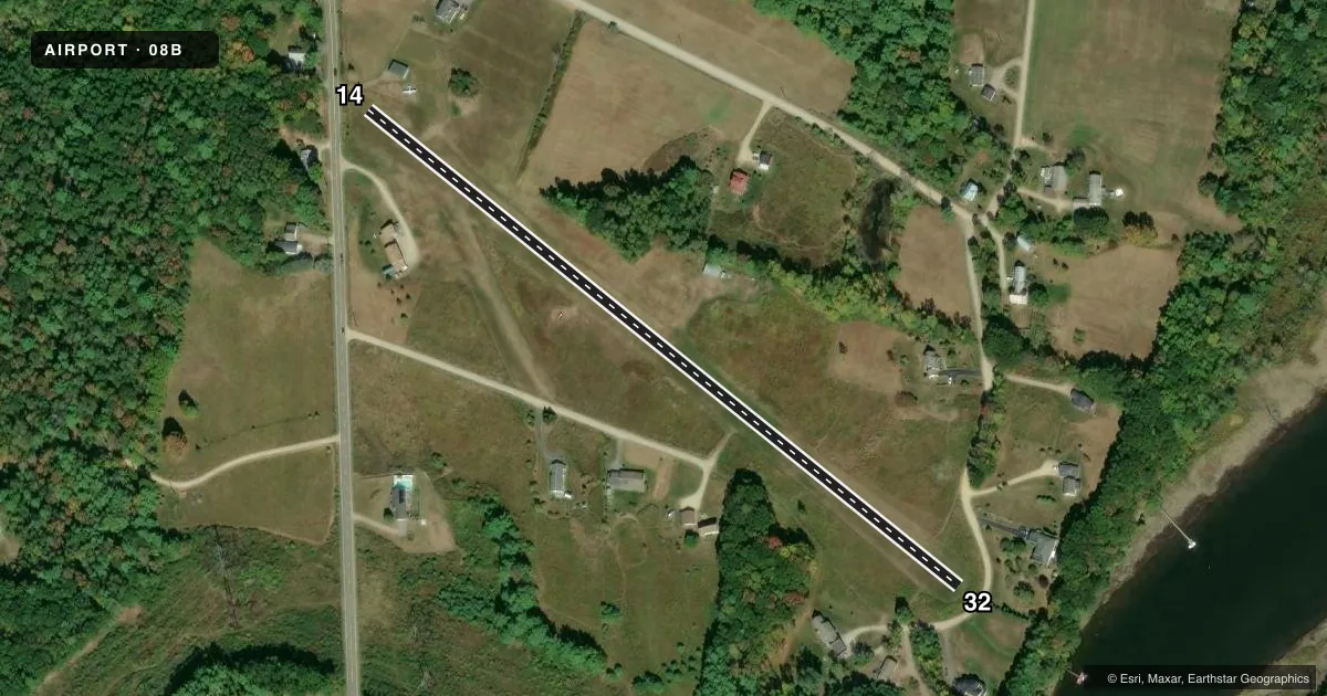 Top-down satellite sketch of 08B MERRYMEETING FLD in BOWDOINHAM, MAINE, showing runways 14/32 drawn to scale over Esri World Imagery
