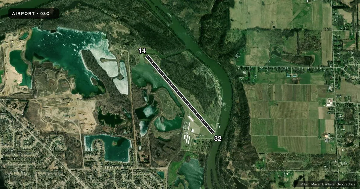 Top-down satellite sketch of 08C RIVERVIEW in JENISON, MICHIGAN, showing runways 14/32 drawn to scale over Esri World Imagery