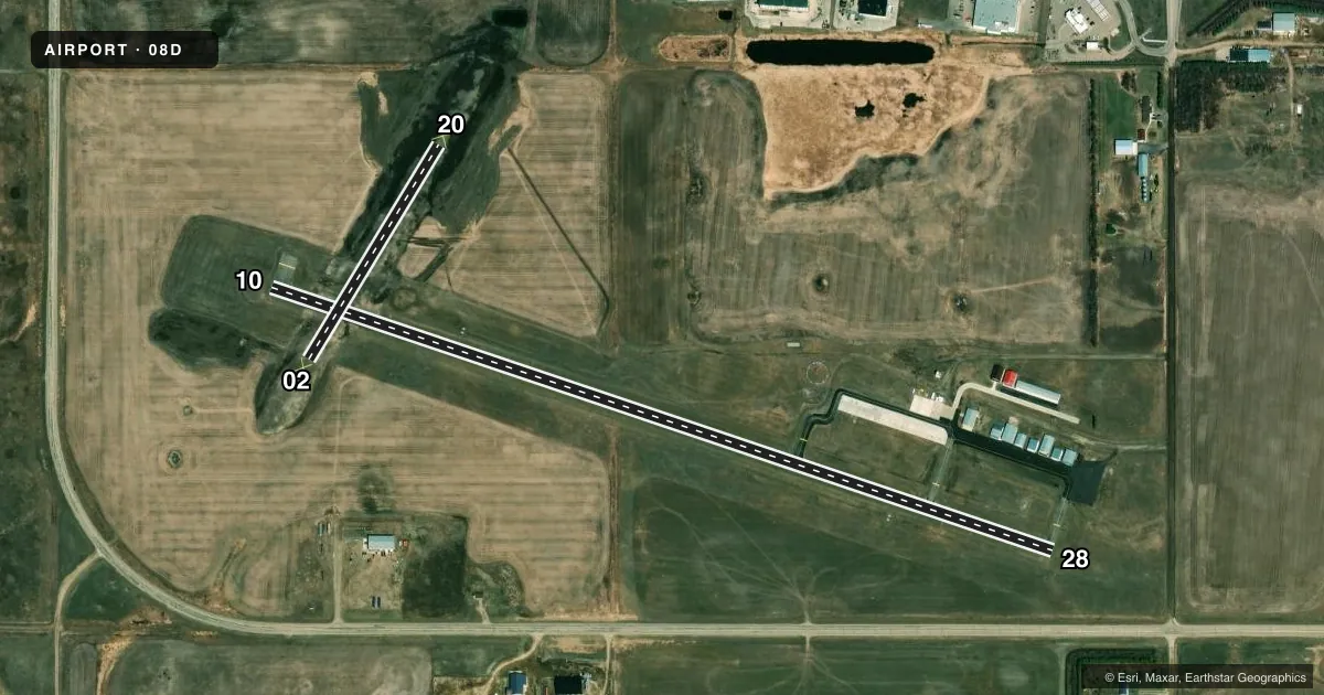 Top-down satellite sketch of 08D STANLEY MUNI in STANLEY, NORTH DAKOTA, showing runways 10/28, 02/20 drawn to scale over Esri World Imagery