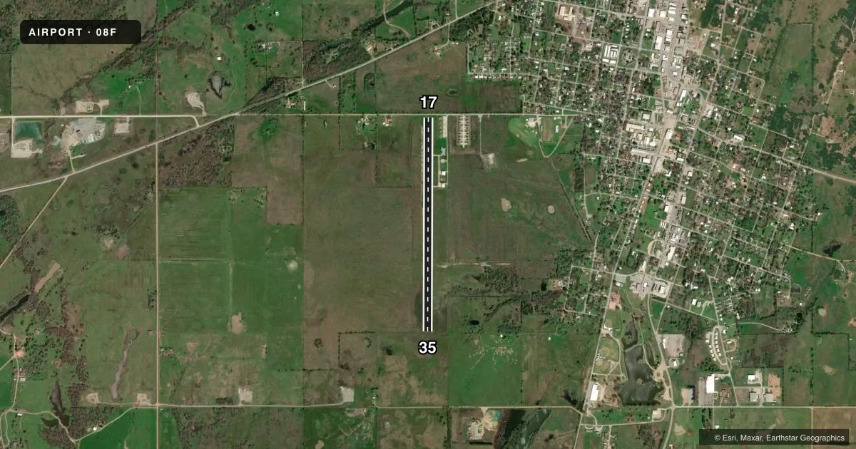 Top-down satellite sketch of 08F CITY OF COALGATE in COALGATE, OKLAHOMA, showing runways 17/35 drawn to scale over Esri World Imagery