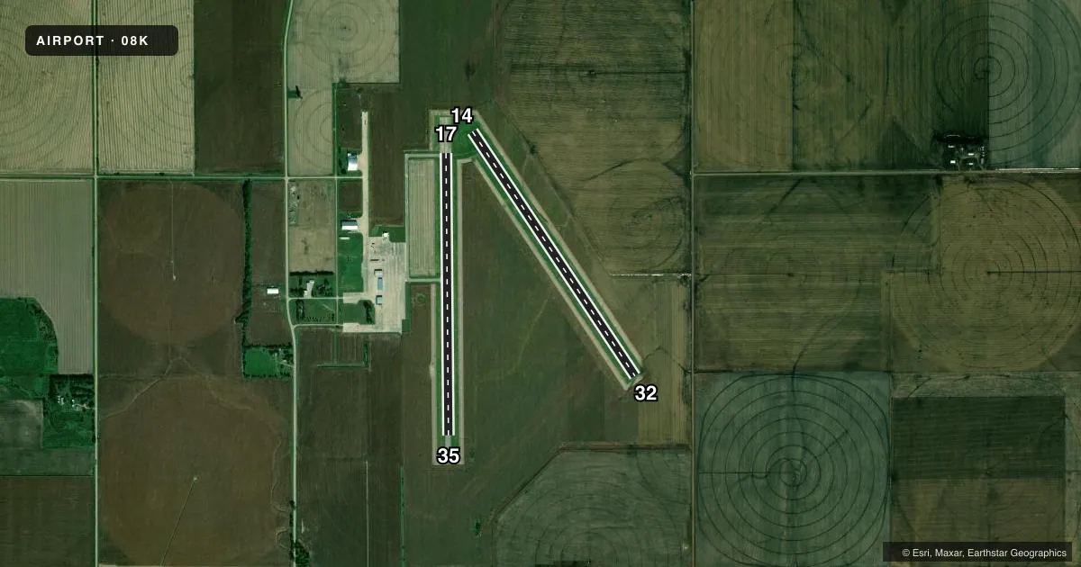 Top-down satellite sketch of 08K HARVARD STATE in HARVARD, NEBRASKA, showing runways 14/32, 17/35 drawn to scale over Esri World Imagery