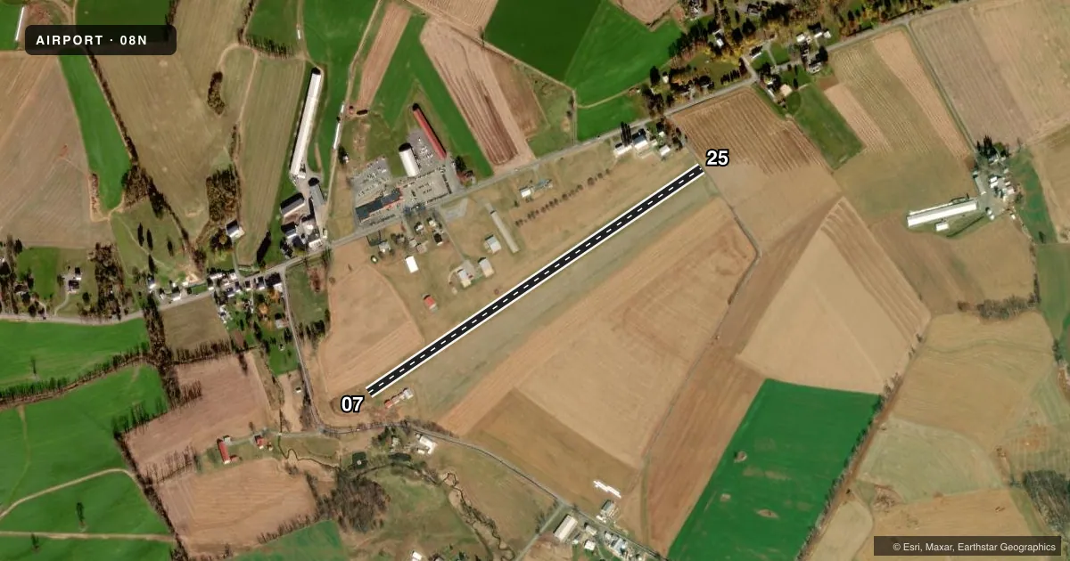 Top-down satellite sketch of 08N KELLER BROTHERS in LEBANON, PENNSYLVANIA, showing runways 07/25 drawn to scale over Esri World Imagery