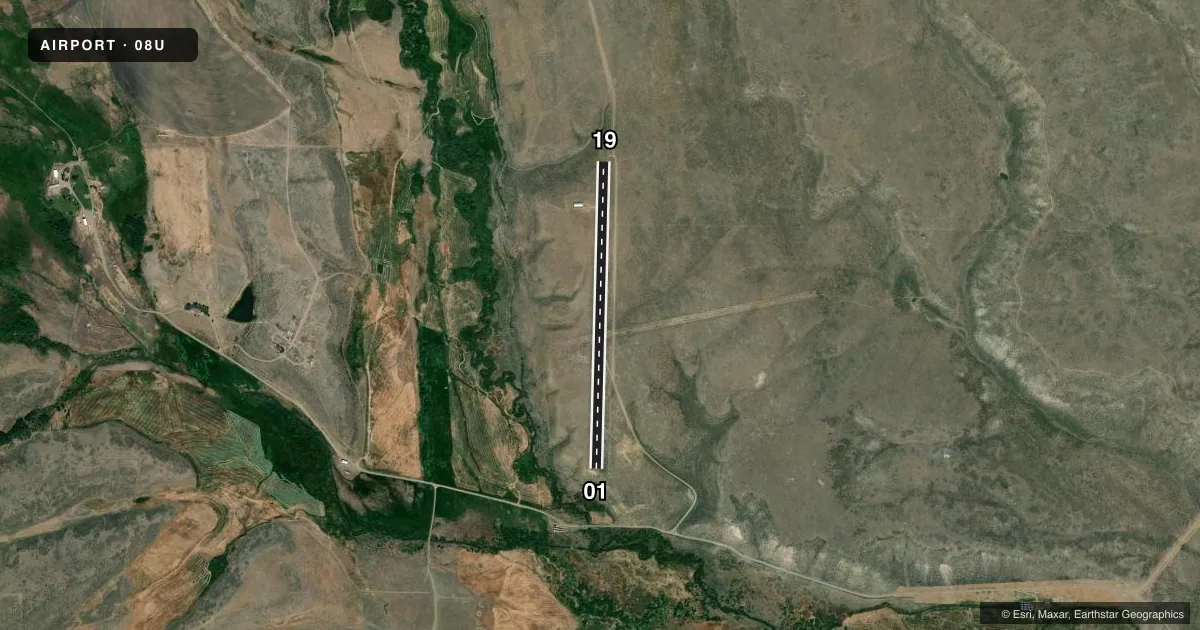 Top-down satellite sketch of 08U STEVENS-CROSBY in NORTH FORK, NEVADA, showing runways 01/19 drawn to scale over Esri World Imagery