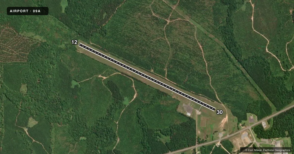 Top-down satellite sketch of 09A BUTLER/CHOCTAW COUNTY in BUTLER, ALABAMA, showing runways 12/30 drawn to scale over Esri World Imagery