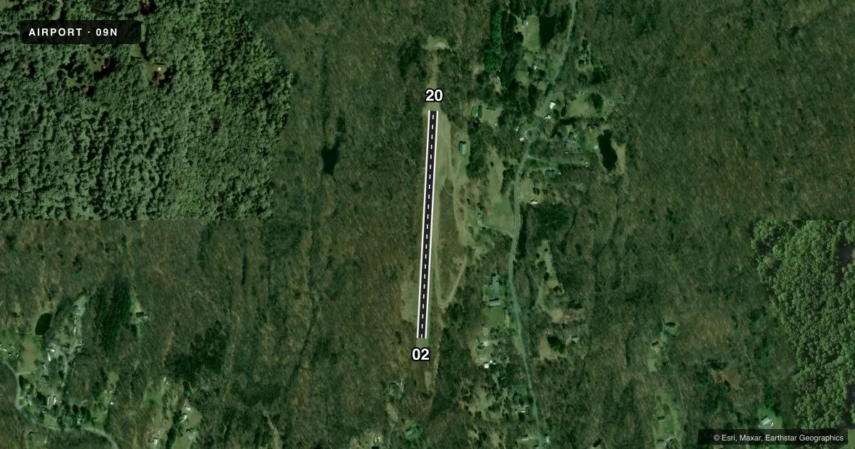 Top-down satellite sketch of 09N AIRHAVEN in STAATSBURG, NEW YORK, showing runways 02/20 drawn to scale over Esri World Imagery