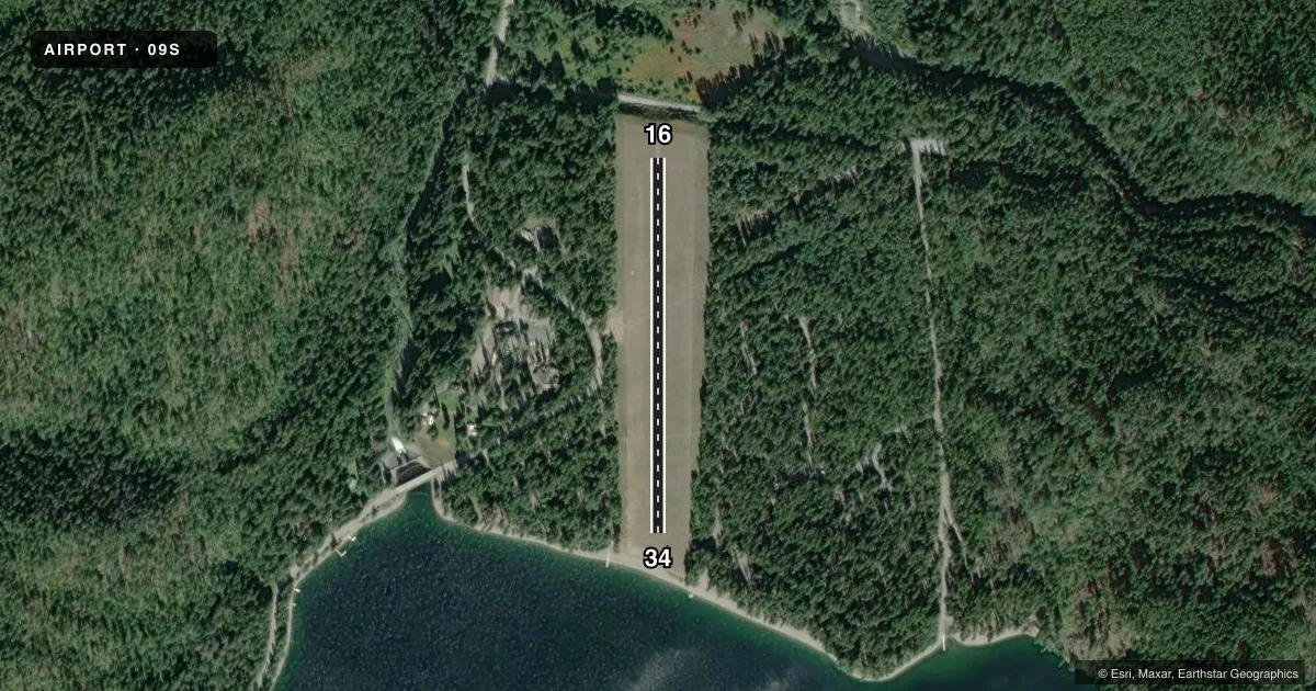Top-down satellite sketch of 09S SULLIVAN LAKE STATE in METALINE FALLS, WASHINGTON, showing runways 16/34 drawn to scale over Esri World Imagery