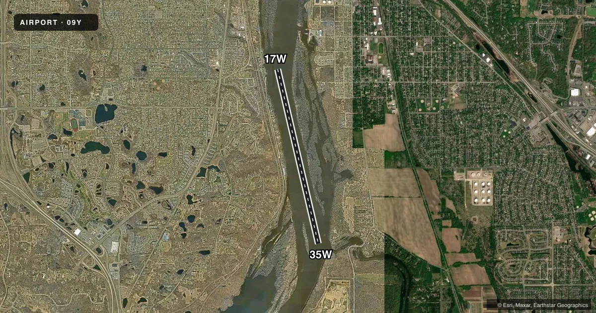 Top-down satellite sketch of 09Y WIPLINE in INVER GROVE HGTS, MINNESOTA, showing runways 17W/35W drawn to scale over Esri World Imagery