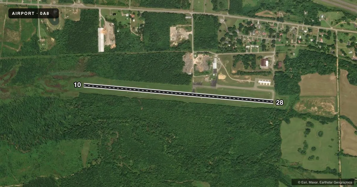 Top-down satellite sketch of 0A8 BIBB COUNTY in CENTREVILLE, ALABAMA, showing runways 10/28 drawn to scale over Esri World Imagery