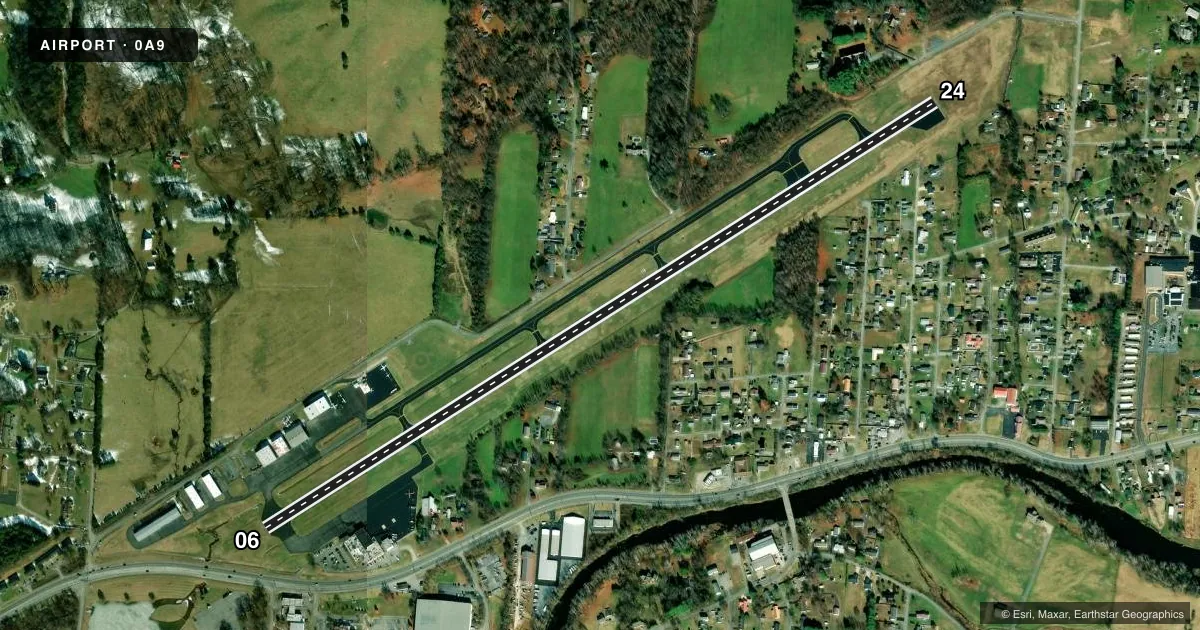 Top-down satellite sketch of 0A9 WILLIAM B GREENE JR RGNL in ELIZABETHTON, TENNESSEE, showing runways 06/24 drawn to scale over Esri World Imagery
