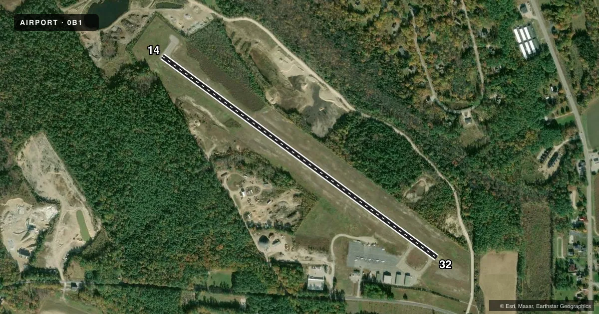 Top-down satellite sketch of 0B1 BETHEL RGNL in BETHEL, MAINE, showing runways 14/32 drawn to scale over Esri World Imagery