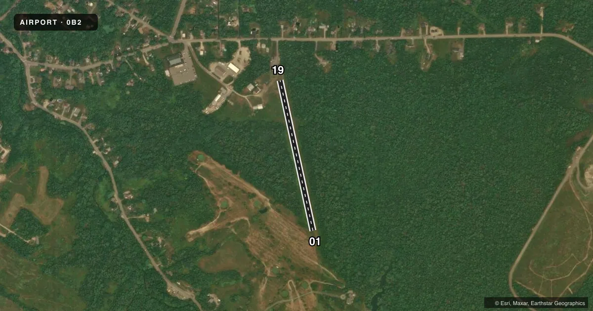 Top-down satellite sketch of 0B2 BREWER in BREWER, MAINE, showing runways 01/19 drawn to scale over Esri World Imagery