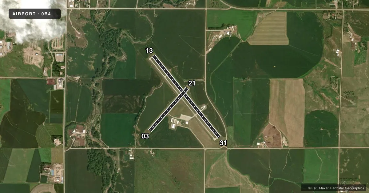 Top-down satellite sketch of 0B4 HARTINGTON MUNI/BUD BECKER FLD in HARTINGTON, NEBRASKA, showing runways 13/31, 03/21 drawn to scale over Esri World Imagery