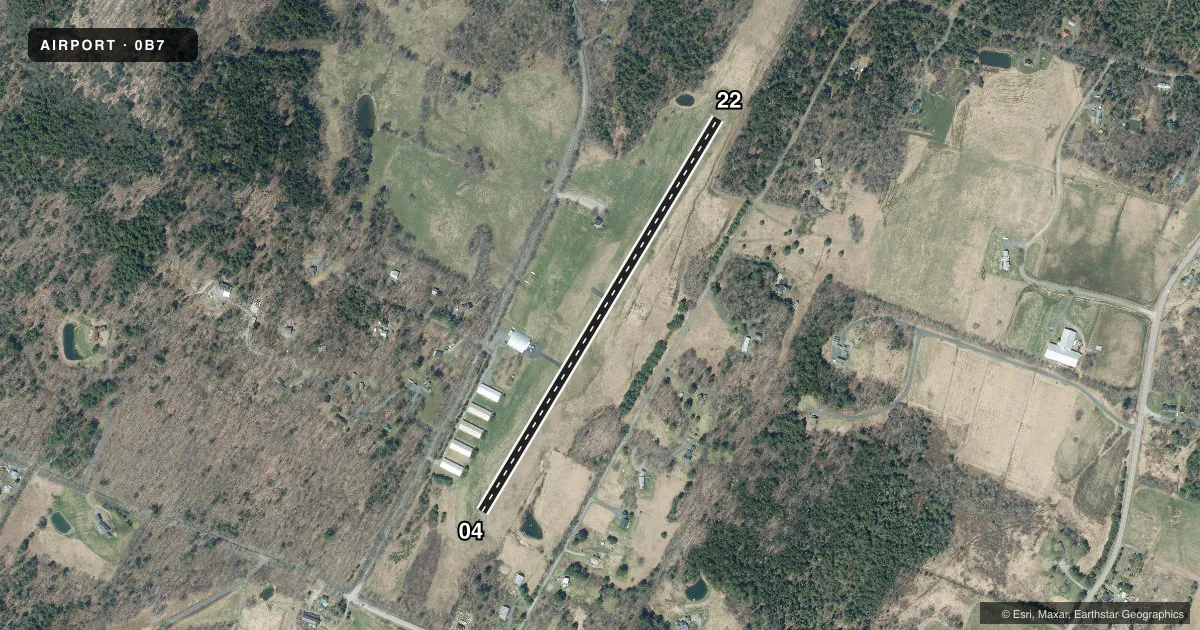 Top-down satellite sketch of 0B7 WARREN-SUGARBUSH in WARREN, VERMONT, showing runways 04/22 drawn to scale over Esri World Imagery