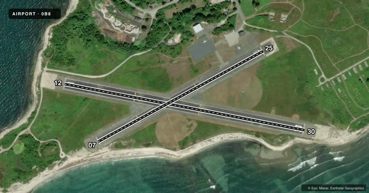 Top-down satellite sketch of 0B8 ELIZABETH FLD in FISHERS ISLAND, NEW YORK, showing runways 12/30, 07/25 drawn to scale over Esri World Imagery