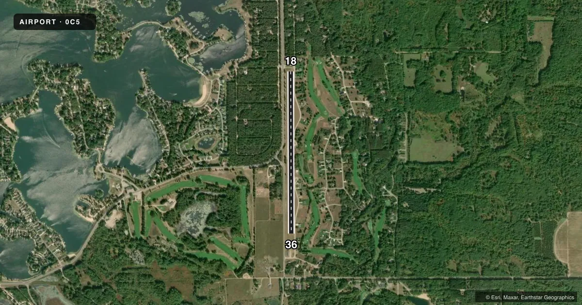 Top-down satellite sketch of 0C5 CANADIAN LAKES in MECOSTA, MICHIGAN, showing runways 18/36 drawn to scale over Esri World Imagery