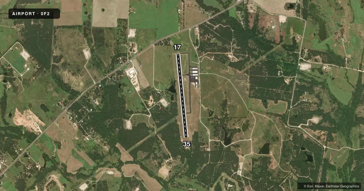 Top-down satellite sketch of 0F2 BOWIE MUNI in BOWIE, TEXAS, showing runways 17/35 drawn to scale over Esri World Imagery