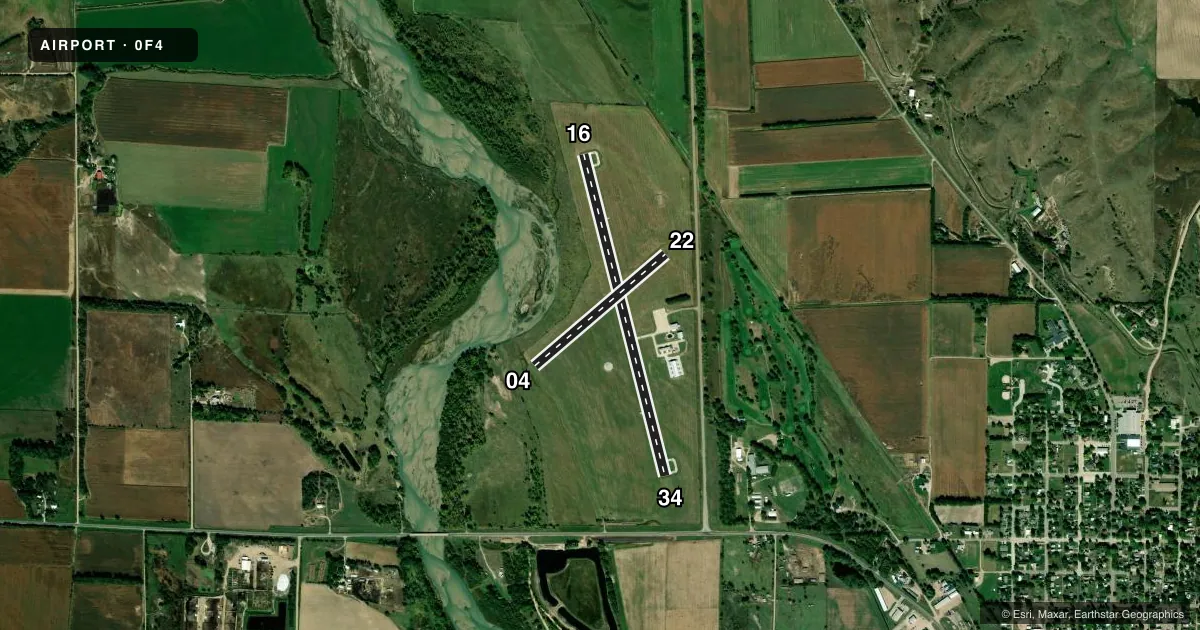 Top-down satellite sketch of 0F4 LOUP CITY MUNI in LOUP CITY, NEBRASKA, showing runways 16/34, 04/22 drawn to scale over Esri World Imagery