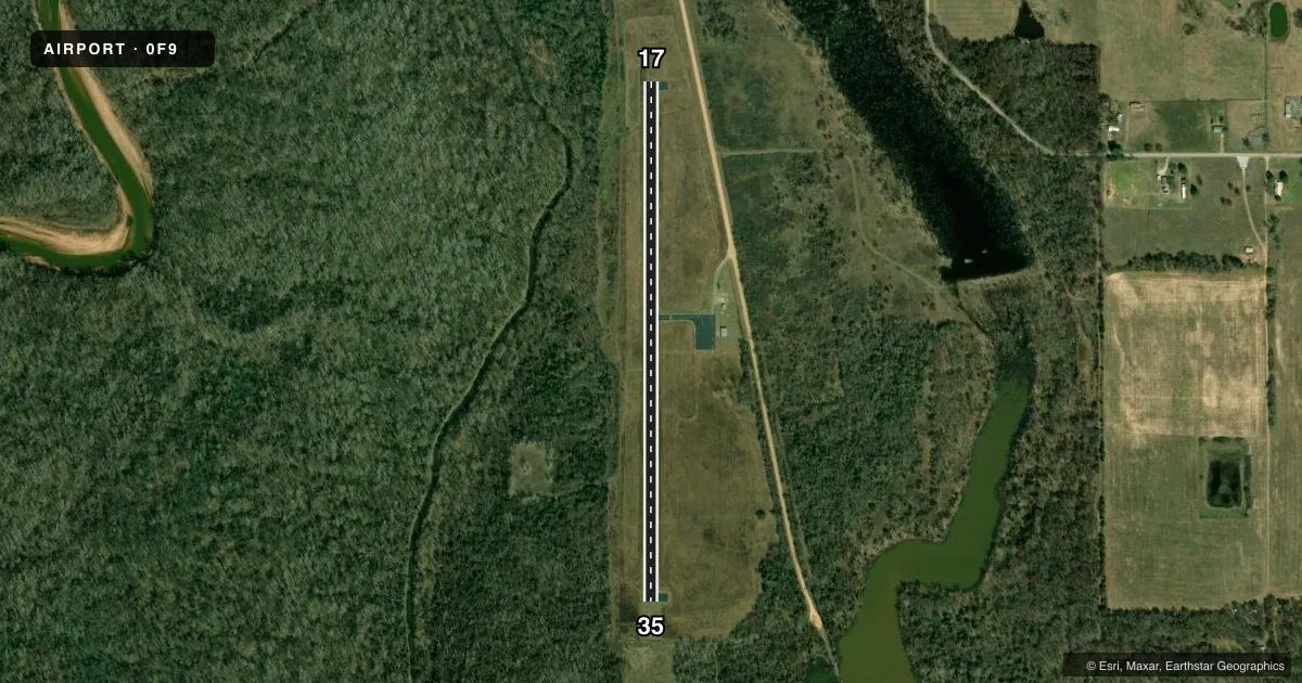 Top-down satellite sketch of 0F9 TISHOMINGO AIRPARK in TISHOMINGO, OKLAHOMA, showing runways 17/35 drawn to scale over Esri World Imagery