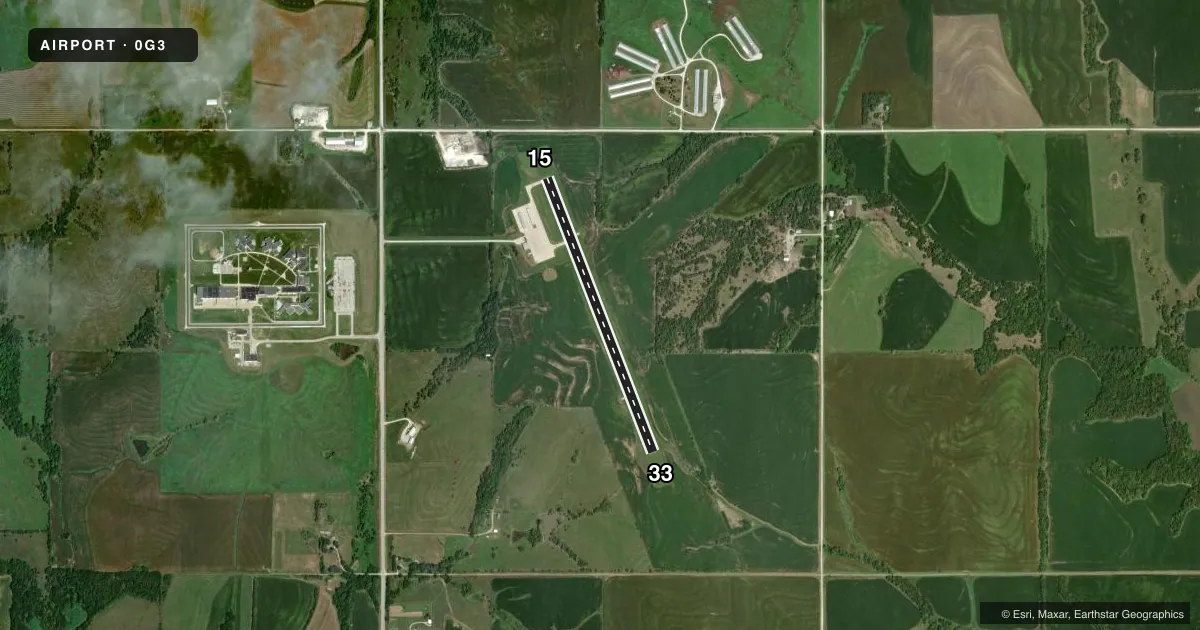 Top-down satellite sketch of 0G3 TECUMSEH MUNI in TECUMSEH, NEBRASKA, showing runways 15/33 drawn to scale over Esri World Imagery