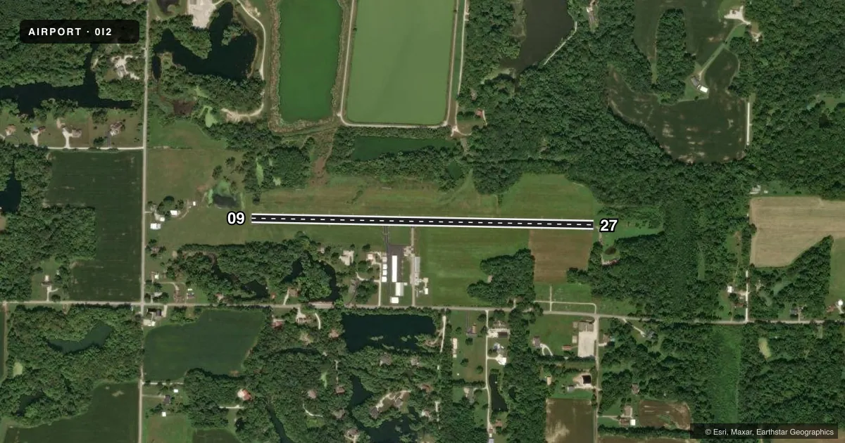 Top-down satellite sketch of 0I2 BRAZIL CLAY COUNTY/CHARLES B HALL FLD in BRAZIL, INDIANA, showing runways 09/27 drawn to scale over Esri World Imagery