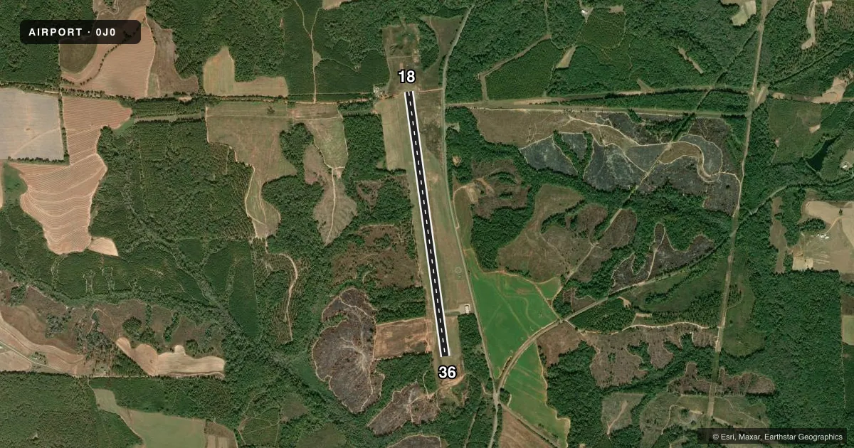 Top-down satellite sketch of 0J0 ABBEVILLE MUNI in ABBEVILLE, ALABAMA, showing runways 18/36 drawn to scale over Esri World Imagery